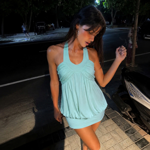 Robe Courte Moulante Froncée Style Vacances d'Été pour Femme, Col Halter Fille, Effet Bulle, Idéale Soirée Romantique - Product Image 5