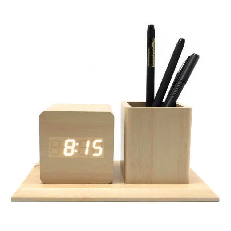 Square Wooden Digital LED Desk Alarm Clock With USB And Battery Supply with penholder wood table clock