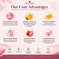 Gummies pour cheveux, peau et ongles en marque privée avec biotine, collagène, vitamines C et E, saveur fraise, OEM ODM