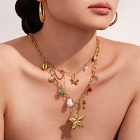 Ensemble collier et bracelet en acier inoxydable, style océanique transfrontalier, avec pendentif multi-accessoires électroplaqué corail rouge et goutte d'huile étoile de mer
