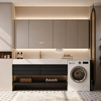 Meuble-lavabo intégré sur mesure pour salle de bain et balcon avec espace pour machine à laver, vasque en pierre frittée courbée à chaud