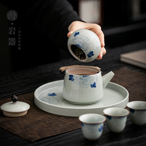 Service à thé Kung Fu en céramique, un pot et quatre tasses, peint à la main, motif pivoine, poignée en cuivre, poterie Dehua, style simple, réutilisable, cadeau pour les aînés - Product Image 2