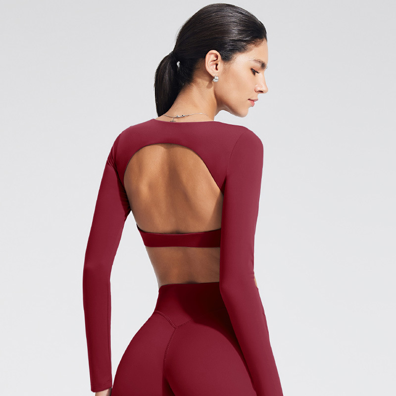 Women Hollow Back Compression Yoga Crop Top Long Sleeve Breathable Fitness Running Workout Top