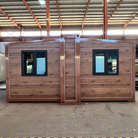 Maison conteneur extensible à double aile de 20 pieds, préfabriquée, modulaire, mobile, avec extérieur imitation bois, petite maison extensible pour habitation