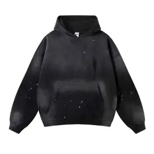 360G Ready To Ship Heavyweight Spray Ash Apricot Pullover Round Collar Vintage Effect Mens oversized Drop Shoulder Hoodie
