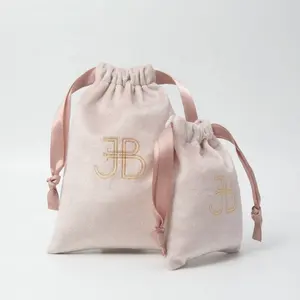 Custom Logo Printed luxury Pink Gift Velvet Drawstring Pouch cosmetic Bag with Pink ribbon