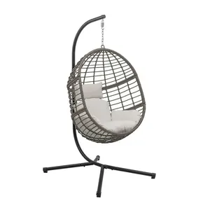 Chaise à œufs suspendue pour extérieur et intérieur avec support et coussin-Chaise pivotante en osier blanc pour patio et salon - Product Image 3