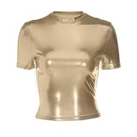 Crop top métallisé brillant pour femme, T-shirt court moulant style Y2K, T-shirt court sexy ajusté pour club et streetwear