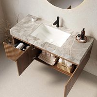 Comptoir de salle de bain mural flottant gris clair en pierre frittée de 48 pouces avec tiroir et portes d'évier