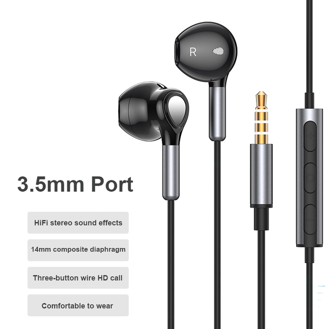 3.5mm Wired In-ear Headphones 14mm Composite Diaphragm HiFi Stereo Earphones with HD Mic for Gaming