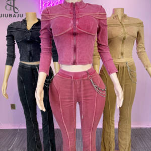 Completo Due Pezzi a Costine alla <span class=keywords><strong>Moda</strong></span> da <span class=keywords><strong>Donna</strong></span>: Top Corto a Maniche Lunghe con Cerniera e Patchwork e Pantaloni - <span class=keywords><strong>Abbigliamento</strong></span> Streetwear Femminile - Product Image 3