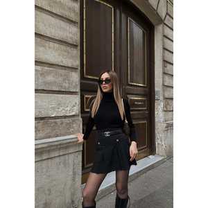 Mini Pencil <b>Skirt</b> Button Detail Gothic Style Genuine Leather XS Size Modern Tight Fit Embroidery Ruffle Decoration Black <b>Silk</b> - Product Image 4