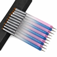 Pinceau à gel pour ongles double extrémité, stylo à points 2 en 1 # Brosse en nylon 8-16 poils, virole chromée, manche acrylique dégradé, sans perte de poils, vente en gros