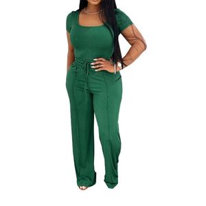 Completo Estivo da Donna a Vita Alta e Gamba Larga, 2 Pezzi, Tinta Unita, Top a Collo Quadrato con Maniche Corte in Maglia - Product Image 6