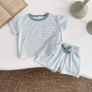 2025年夏 コラベビー キャンバス 半袖 ストライプ柄 カジュアルウェア 幼児男の子と女児用服セット - Product Image 2