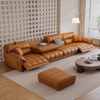 Canapé inclinable électrique 3 places en cuir véritable marron camel avec console, porte-gobelets et support téléphone pour salon