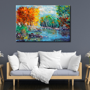 Tableau mural sur toile Forêt d'automne colorée, Impression de paysage peint à l'huile vibrante avec cadre <span class=keywords><strong>PS</strong></span> noir pour la décoration intérieure du salon - Product Image 2
