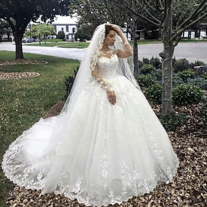 Nuovo <span class=keywords><strong>Abito</strong></span> da Sposa di Lusso Moderno a Linea A Manica Lunga Bianco con <span class=keywords><strong>Fiori</strong></span> in Pizzo a Strati Taglie Forti Lunghezza Pavimento Applicazioni Naturali - Product Image 4