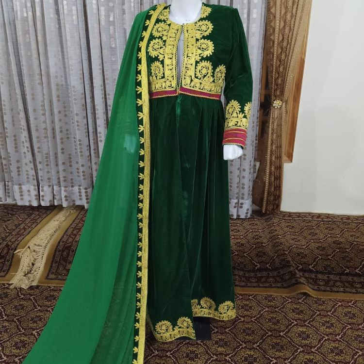 green emerald velvet dress PARROT GREEN AFGHAN EMBROIDERED DRESS – SERRAHNA