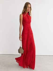 Vestido Largo Rojo sin Mangas con Cuello Alto para Mujer, Diseño Cruzado con Cintura Fruncida, Vestido de Noche Formal para Invitadas de Boda y Fiestas - Product Image 2