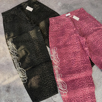 Pantalon en jean large pour homme à imprimé léopard, brodé, style vintage, délavé, noir et rose, personnalisable en usine, compatible OEM ODM