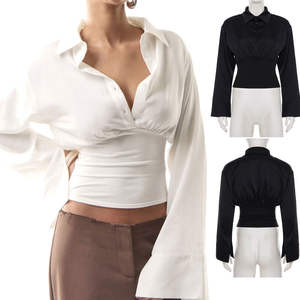 Blusa de satén transpirable sexy para mujer, de manga larga, con botones, cuello solapa, corte holgado, informal, antiarrugas - Product Image 1