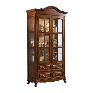 Factory wholesale American style wooden wine cabinet for living room cherry glass door showcase hand crafted solid furniture