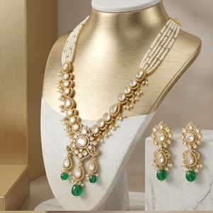Royal 925 Silver Emerald Pearl <b>Necklace</b> Set Traditional Bridal Jewelry Designer Earrings for Women Collection - Product Image 4