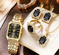 Ensemble de bijoux pour femme avec montre à quartz à cadran diamanté, boîtier de 9 mm, coffret cadeau 5 pièces : collier, bague, boucles d'oreilles