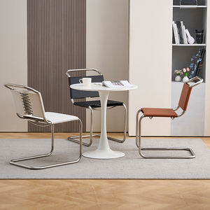 Chaise de salle à manger simple en cuir de selle moderne en acier inoxydable sans accoudoirs salon restaurant loisirs chaise de bureau en cuir en métal - Product Image 6