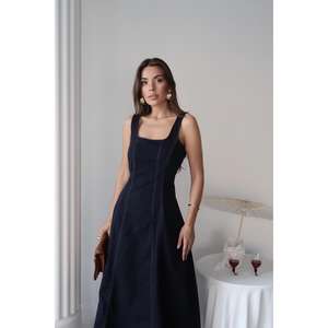 Vestido Gabardina Azul Marino Corte A con Cuello Cuadrado y Cintura Natural, Vestido Cómodo para el Trabajo, Tejido de Tela - Product Image 3