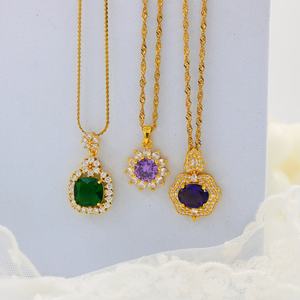 <b>Necklaces</b> Stainless Steel 18k Plated Gold Cz Pendant Colorful Gemstone Flower Shaped Luxury <b>Statement</b> Jewelry for Women - Product Image 2