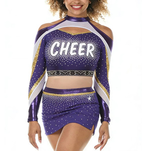 Conjuntos de Uniformes de Animadoras para Competencia de Baile con Pedrería Metálica Brillante Sin Arrugas, Pedido al por Mayor OEM - Product Image 1