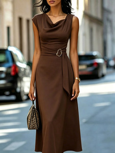 Nouvelle robe midi élégante pour femme, style européen et américain, couleur café, col drapé, asymétrique, sans manches, avec ceinture à nouer et jupe évasée large - Product Image 4