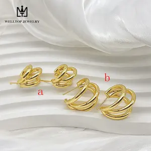 Boucles d'oreilles trois couches en plaqué or pour femme, bijoux tendance, vente en gros