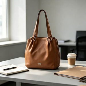Classic Brown <b>Leather</b> Handbag Ruched Front Design <b>Woven</b> Panel Shoulder <b>Bag</b> For Everyday Use - Product Image 3