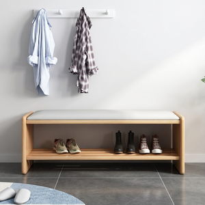 Modern Wood Entryway Bench with <b>Storage</b> Shelf Fabric <b>Cushion</b> Minimalist Design for Home Living Room Furniture - Product Image 1