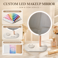 Miroir de maquillage LED rond blanc et rose avec plateau de rangement intégré, capteur tactile et support de table réglable