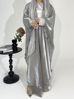 Abaya kaftan gris scintillant avec cape pour femmes ensemble deux pièces Robe de soirée islamique fluide élégante et modeste Robe Maxi pour la fête de l'Aïd