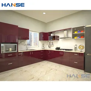 Customised design house hotel office interior modern small set wine red color kitchen cabinet