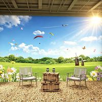 Langit Biru Cerah Rumput Hijau Pohon Art Deco Pemandangan Alam Wallpaper Mural Dinding Cetak Transfer Panas Padang Rumput Segar