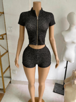 MUYUAN 2026 Set Celana Pendek Dua Potong Motif Leopard Lengan Panjang untuk Wanita dengan Bando, Pakaian Musim Panas Streetwear dari Bahan Spandex Nylon