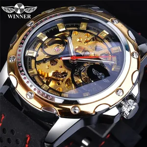 勝者GMT292ゴールデンスケルトンメカニカルウォッチ自動メンズスチームパンク透明シリコンベルト腕時計男性用時計