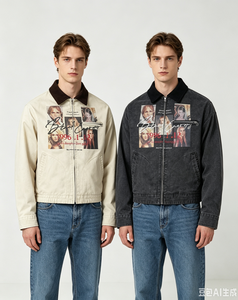 Giacca da Lavoro Vintage in Tela per <span class=keywords><strong>Uomo</strong></span>, con Zip e Stampa Retrò di Stelle, <span class=keywords><strong>Cappotto</strong></span> Casual Corto in Twill <span class=keywords><strong>Beige</strong></span> - Product Image 2