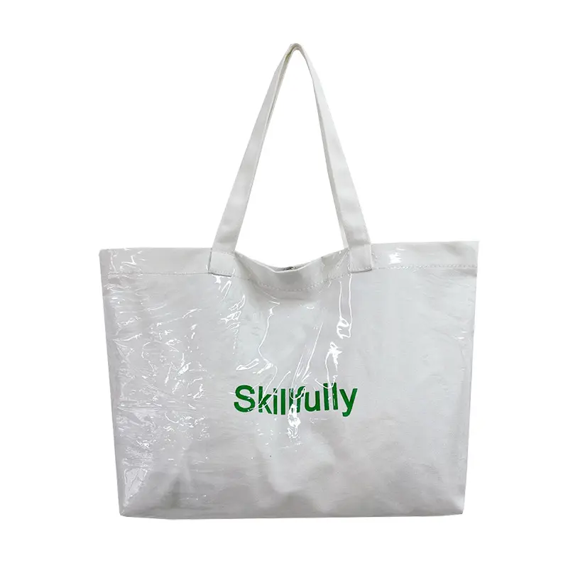 Tote Bag in tela vinilica nera bianca borsa per la spesa in cotone trasparente laminato