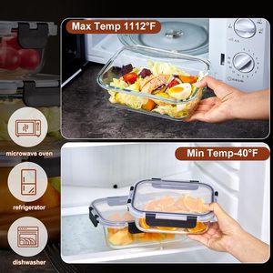 8個入りガラス製ミールプレップ容器セット、蓋付き、特厚気密食品保存容器、漏れ防止ランチボックス、残り物用 - Product Image 3