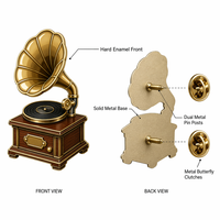 Broches en émail personnalisées en gros, badges vintage en forme de phonographe, broches métalliques personnalisées pour les amateurs de musique, cadeau du fabricant