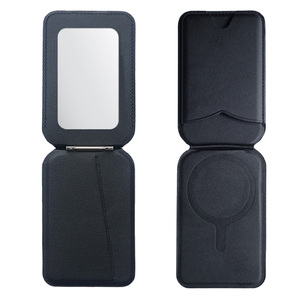 Support de téléphone en cuir PU avec aimant puissant, porte-cartes et miroir de maquillage, pour <span class=keywords><strong>utilisation</strong></span> sur bureau, compatible avec iPhone 16 15 14 13 12 - Product Image 2