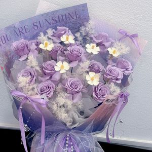 Bouquet de roses artificielles violettes, marguerites et pivoines Monet Garden, décoration de mariage, arrangement floral en soie PVC fait main - Product Image 1