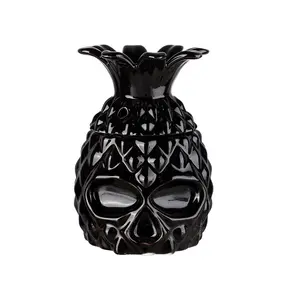 夏威夷风格创意菠萝提基马克杯个人黑色章鱼提基头骨玻璃，带盖手制陶瓷提基马克杯